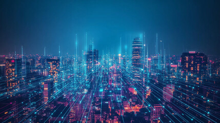Obraz premium Digital Cityscape with Glowing Blue Networks, Big Data and AI Urban Technology