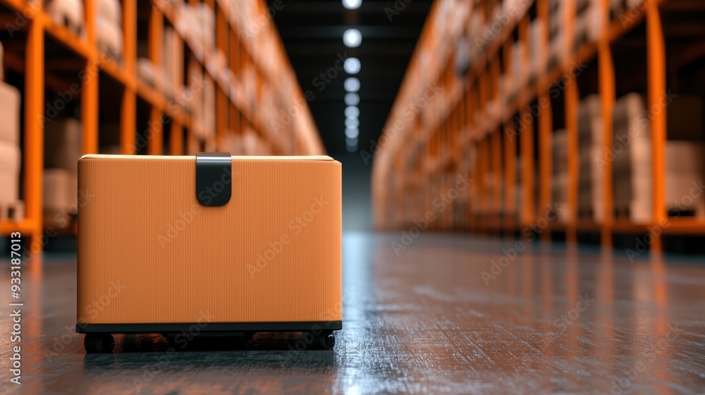 Poster futuristic transparent warehouse with automated robots sorting products - supply chain innovation co
