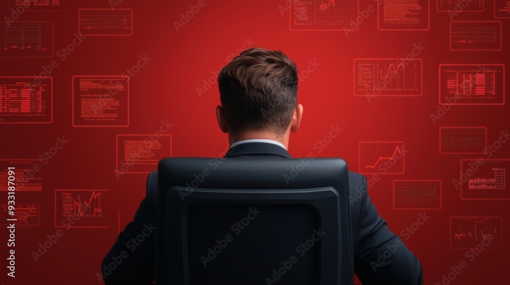 Poster expert analyst predicting economic trends in high-tech control room with digital screens - 8k resolu