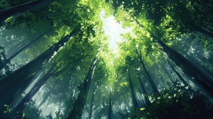 Fototapeta premium Sunlight filters through green leaves as they reach towards the sky, surrounded by the tall trunks of a dense forest.
