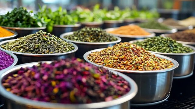 The variety of colorful tea in bowls are displayed at a market in sunlight.