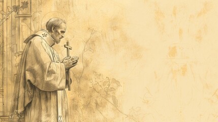 Fototapeta premium Eugene the Devout, Holding Crucifix in Prayer, Peaceful Church Setting, Biblical Illustration, Beige Background, Copyspace