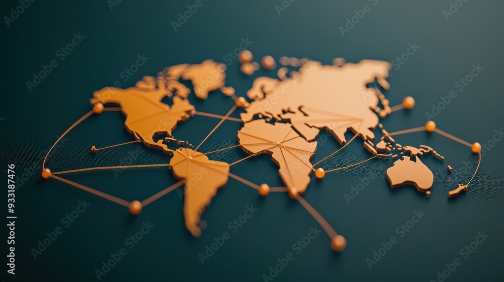 Poster global trade routes map with dynamic lines connecting major hubs, copy space for text, 8k high detai