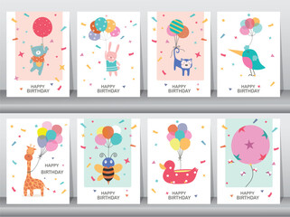 Set of children's birthday greeting cards .Cute animals design.poster,template,greeting cards,Vector illustrations.