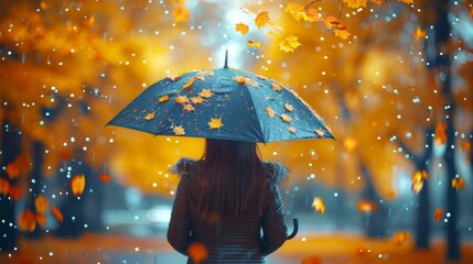 woman with umbrella in beautiful autumn forest or park