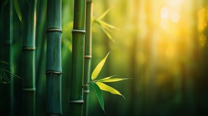 The soft light of the sun gently illuminates bamboo stalks, revealing the rich green hues in this close-up shot.