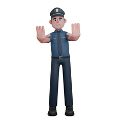 Male Police in 3D Professional Law. A police officer is raising both hands with palms facing forward, as if signaling to stop. Cartoon