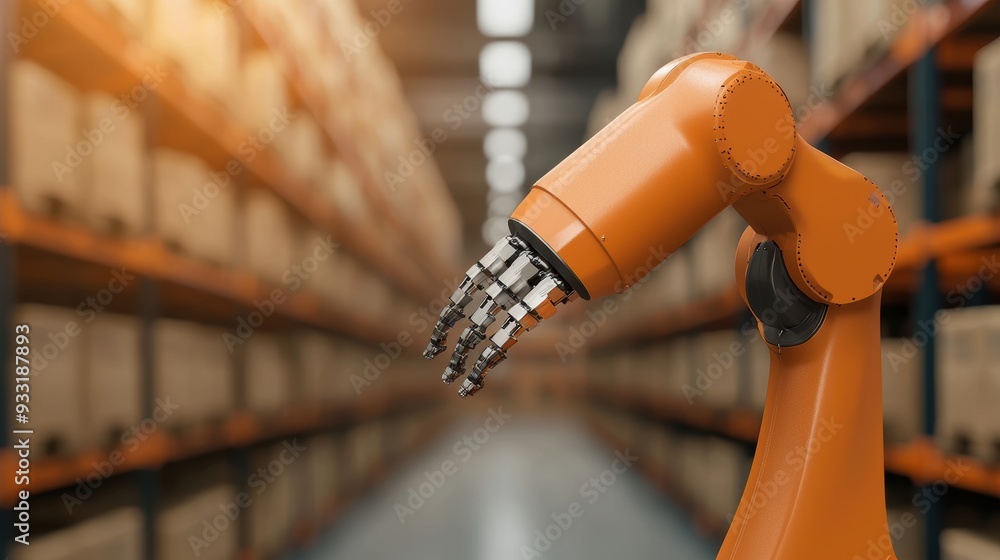 Poster cutting-edge warehouse automation: robotic arms efficiently managing inventory with copy space, 8k h