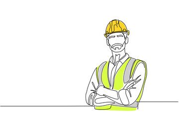 Single continuous line drawing of young construction worker. Building architecture business concept. One line draw design vector	
