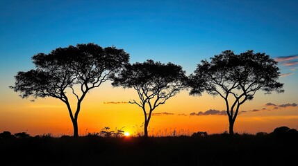 Fototapeta premium Trees in silhouette against a stunning sunset, highlighting the tranquility of the natural world.