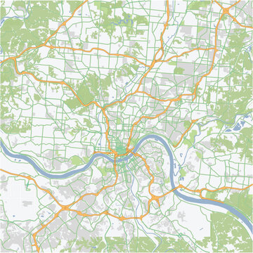 Road map of Cincinnati in Ohio. Contains layered vector with roads water, parks, etc.