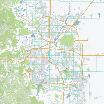 Road map of Denver in Colorado. Contains layered vector with roads water, parks, etc.