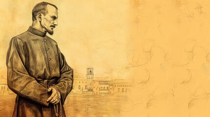 Franciscan habit, rosary, Saint Maximilian Kolbe in serene monastery setting. Deep faith, dedication, peaceful and holy atmosphere. Biblical Illustration, Beige Background, copyspace.