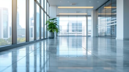 Modern office interior with large glass windows, shiny marble floor, and green potted plant, ideal for corporate, commercial, and real estate advertisements,