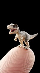 Obraz premium Tiny dinosaur perched on a fingertip with mouth agape in dramatic macro shot