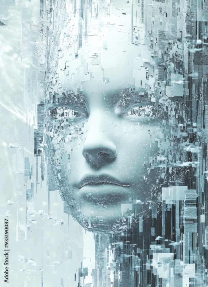 Poster abstract digital face made of data and artificial intelligence in a futuristic style emphasizing tec