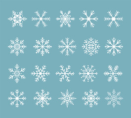 Set of cute snowflake icons on isolated background New Year ornament Symbols for mobile apps and website design. Flat snowflake icons, silhouette. 