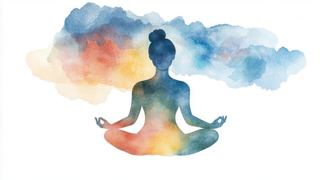 A serene woman meditating, abstract mindscape, vibrant colors, watercolor illustration, isolated on white background