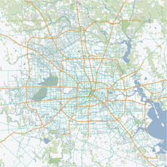 Road map of Houston in Texas. Contains layered vector with roads water, parks, etc.