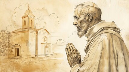 Fototapeta premium Philip Neri with Children, Joyful and Radiant, Biblical Illustration, Beige Background, Copyspace