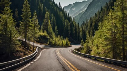 Curved road through mountain forest 