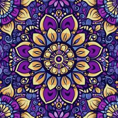 Colorful Floral Mandala: Purple, Yellow, and Blue Harmony