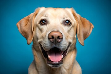 Studio headshot portrait of rescued yellow lab smiling with tongue out looking forward against a blue backdrop