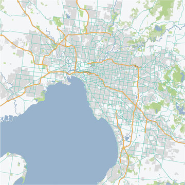 Road map of Melbourne in Australia. Contains layered vector with roads water, parks, etc.