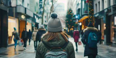 Fototapeta premium Young woman with backpack walking in the city center at Christmas time