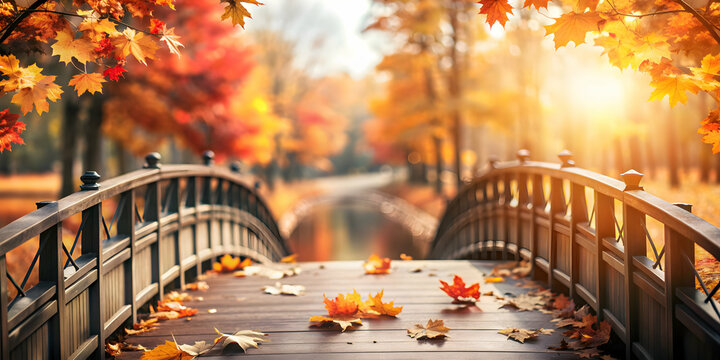 Photo Realistic as Scenic autumn bridge with colorful foliage concept as A serene autumn bridge adorned with colorful foliage providing a clean and festive background for business presentations during