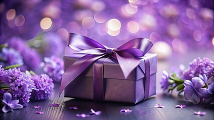 A beautifully lit, ornate purple gift box adorned with a satin ribbon and holding a shiny purple gift card, surrounded by soft focus blurred purple flowers.