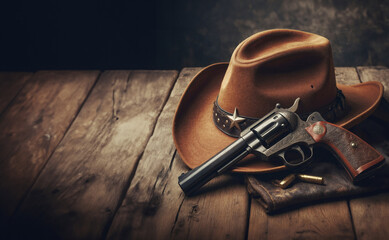 cowboy western hat and gun on a wooden table, photo realistic illustration  