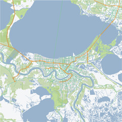 Road map of New Orleans in Louisiana. Contains layered vector with roads water, parks, etc.