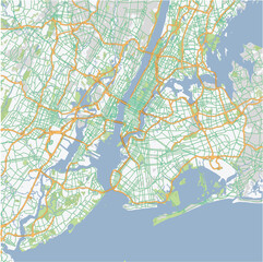 Road map of New York in New York. Contains layered vector with roads water, parks, etc.