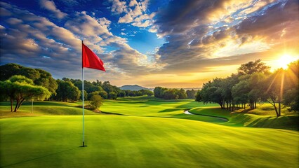 Serene landscape of a beautifully manicured golf course with a vivid red flag waving in the gentle breeze on a sunny afternoon sky.