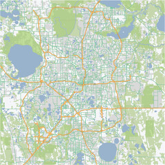 Road map of Orlando in Florida. Contains layered vector with roads water, parks, etc.