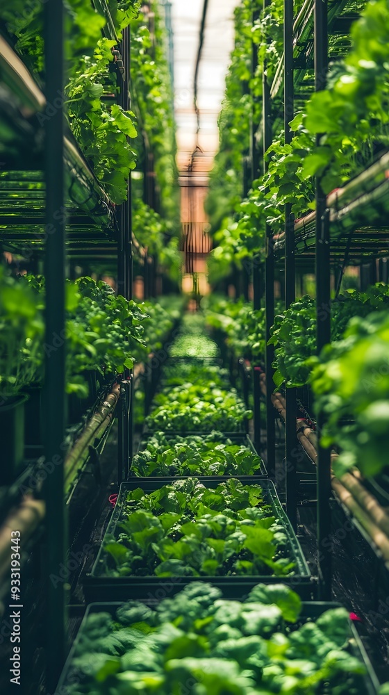 Poster hydroponic vertical farming setup with water and nutrient solution flowing through stacked trays of 