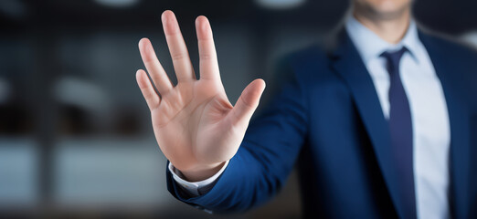 businessman do a hand stop sign and warning gestures  , refusal, caution, symbolic communication, preventing subsequent problems,Help Prevent Piracy, Stop Violence.