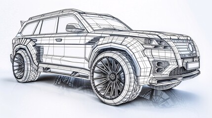 Fototapeta premium Detailed 3D shaded drawing of a model highlighting a luxury SUV, rendered with ultra-sharp and clear details