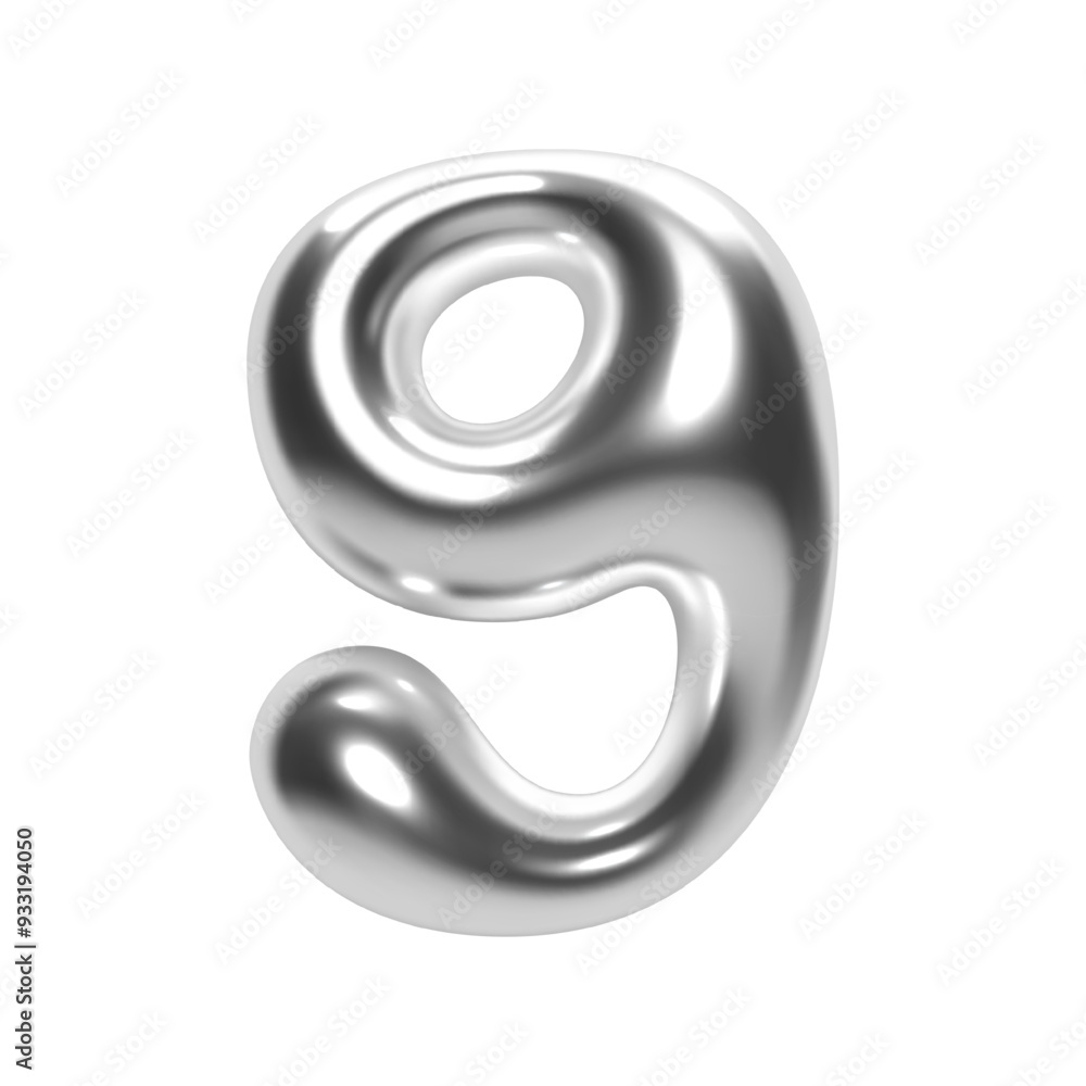 Poster 3d chrome number 9 in y2k bubble style. shiny silver metallic surface with an inflated liquid form. 