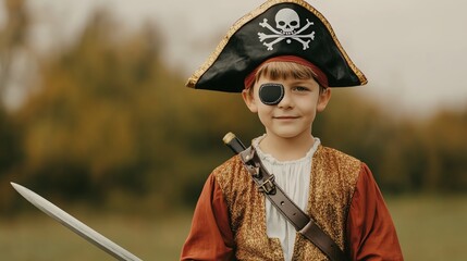 Boy in a pirate costume with an eye patch and sword