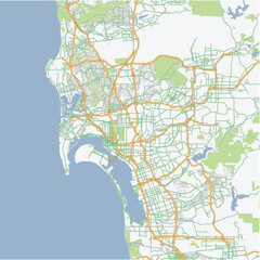 Road map of San Diego in California. Contains layered vector with roads water, parks, etc.