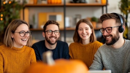 Group of friends sharing a Halloween podcast