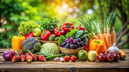 Fresh assortment of colorful vegetables and fruits arranged on a wooden table against a natural green background, promoting healthy eating habits and wellness.