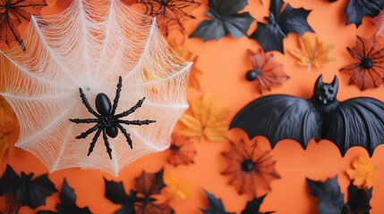 Halloween decorations including fake spiders, webs, and bats
