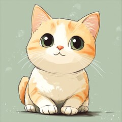 Obraz premium Cute, illustrated kitten with big green eyes sitting on a light green background ideal for children's books, greeting cards, and pet-related promotions