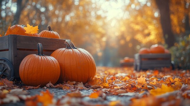 Autumn pumpkin patch with vibrant orange pumpkins and rustic wooden crates