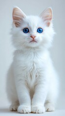 White kitten with striking blue eyes sits against a soft, light background, exuding calm and curiosity, Ideal for pet-related content, ads, or feline-themed blog posts,