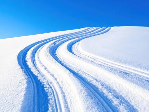 Fresh snow tracks trail across a pristine winter landscape under a clear blue sky