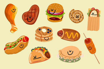 Vector street food in flat style. Tacos, chicken leg, steak, hot dog, berry pie, pancakes and sausage in dough and burger characters. World food day. Poster for advertising food establishments